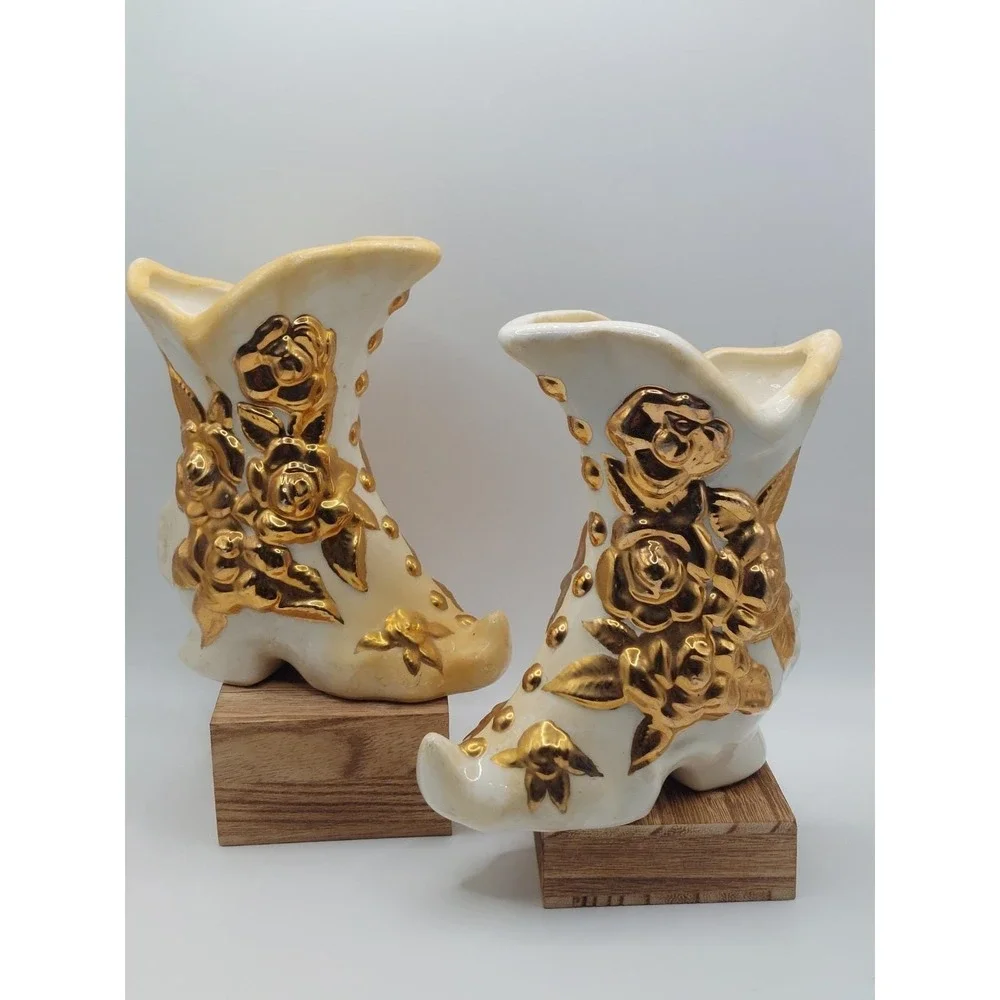 Vintage White Gold Ceramic Boot Planter Pair Rose Floral Shabby Chic Victorian